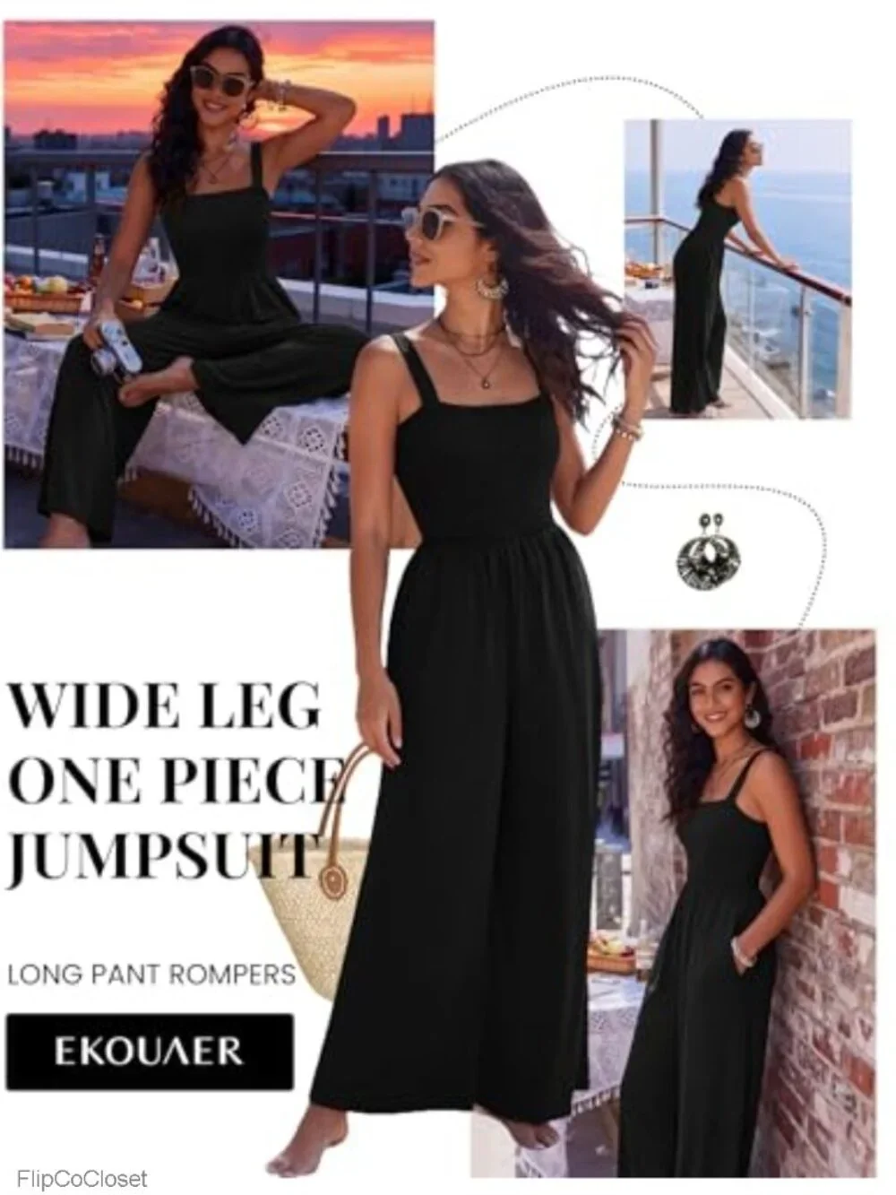 Sleeveless Boho Wide Leg Jumpsuit Smocked Romper with Pockets